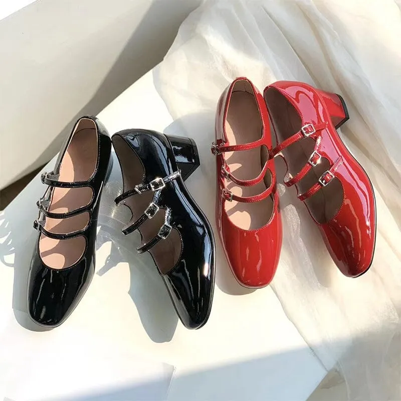Handmade Mary Jane Shoes 40mm Triple-strap Pumps Block Heel Maxct