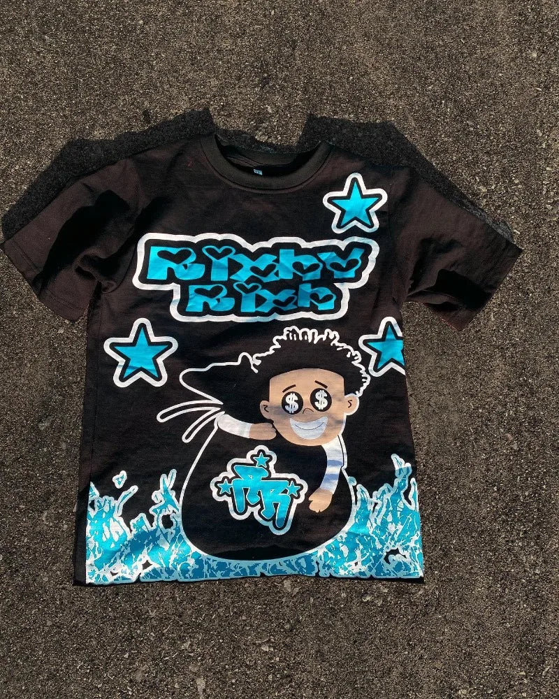 Maxct American cartoon letter pattern printed oversized round T-shirt men's Y2K street hip-hop versatile loose short-sleeved top