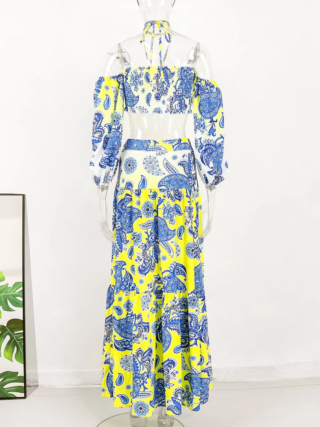 Maxct Summer Two Pieces Maxi Dress For Women Halter Lace Up Tops And Retro Floral Print Long Skirt Ruffled Holiday Beach Dresses