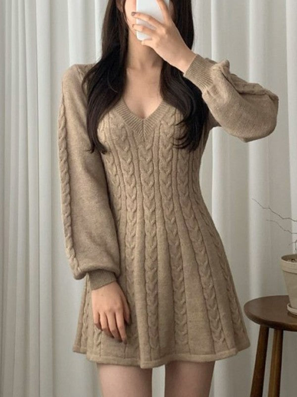 V Neck Cable Knit Long Sleeve Mini Dress Maxct
