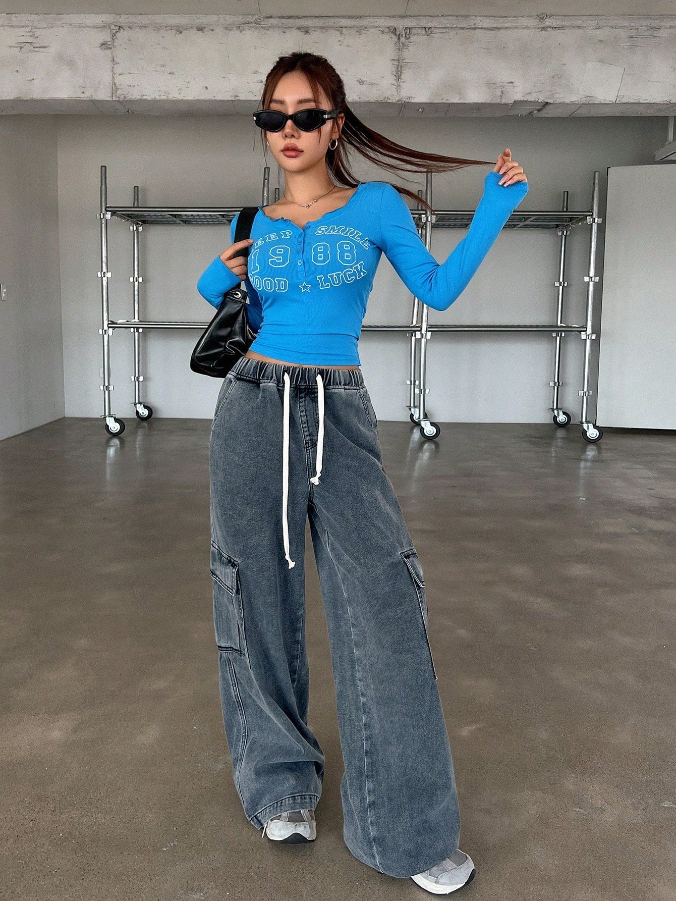 Maxct Women's Drawstring Waist Wide Leg Loose Casual Denim Pants With Pockets