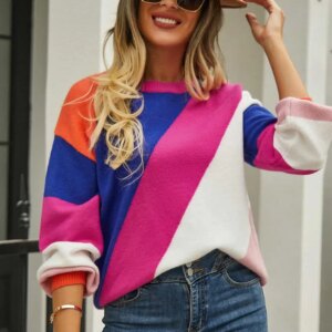 Maxct &Color Block Round Neck Long Sleeve Sweater