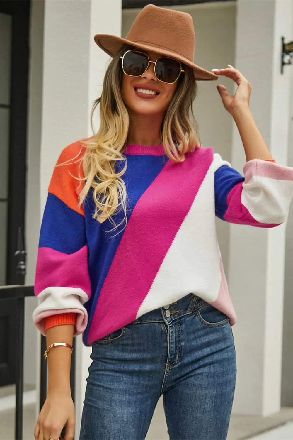 Maxct &Color Block Round Neck Long Sleeve Sweater