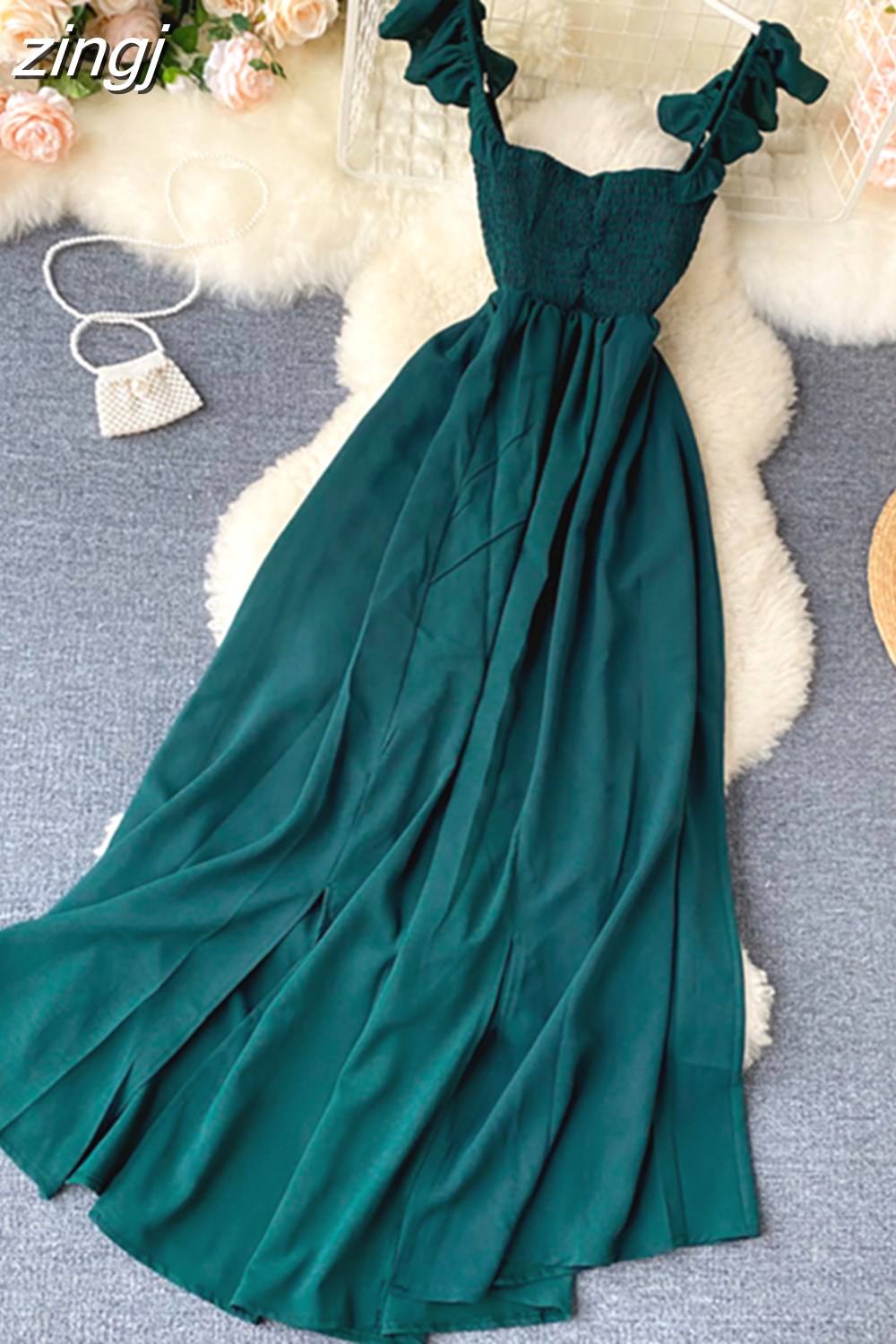 Maxct High Waist Slash Neck Women Long Dress Elegant Big Swing A-line Vestidos Verano Vintage Green/Red Party Robe For Female
