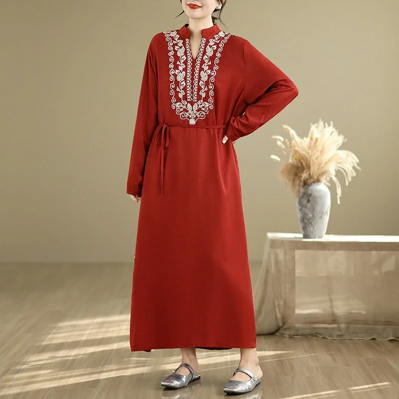 Maxct Women Spring Vintage Ethnic Embroidered Linen Maxi Dress