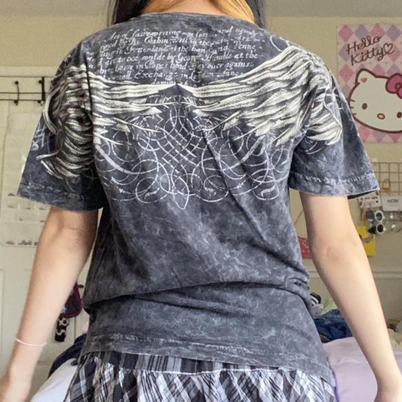2000s Retro Dark Academia T Shirt Y2K Skulls Wings Graphic Print Tops Summer Short Sleeve Harajuku Tees Mall Goth Clothes