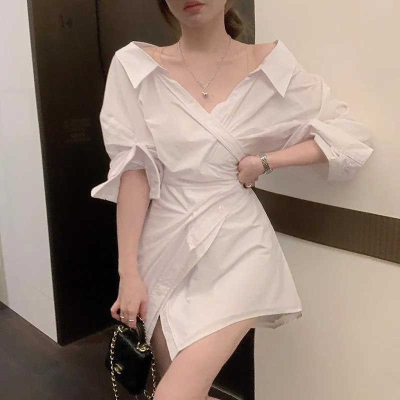 Maxct Sleeve Dresses Women Fashion New Sexy Ladies Off Shoulder White Solid Summer Female Mini Dress Leisure V-neck BF Irregular