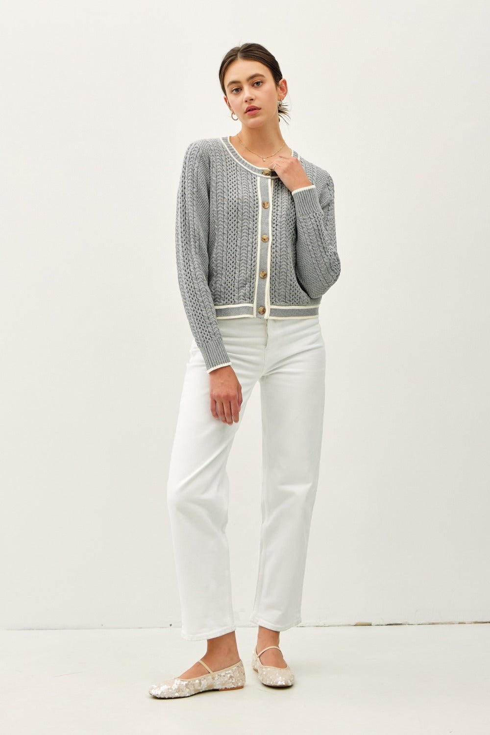 Maxct &Be Cool Cable Knit Long Sleeve Contrast Edge Cardigan