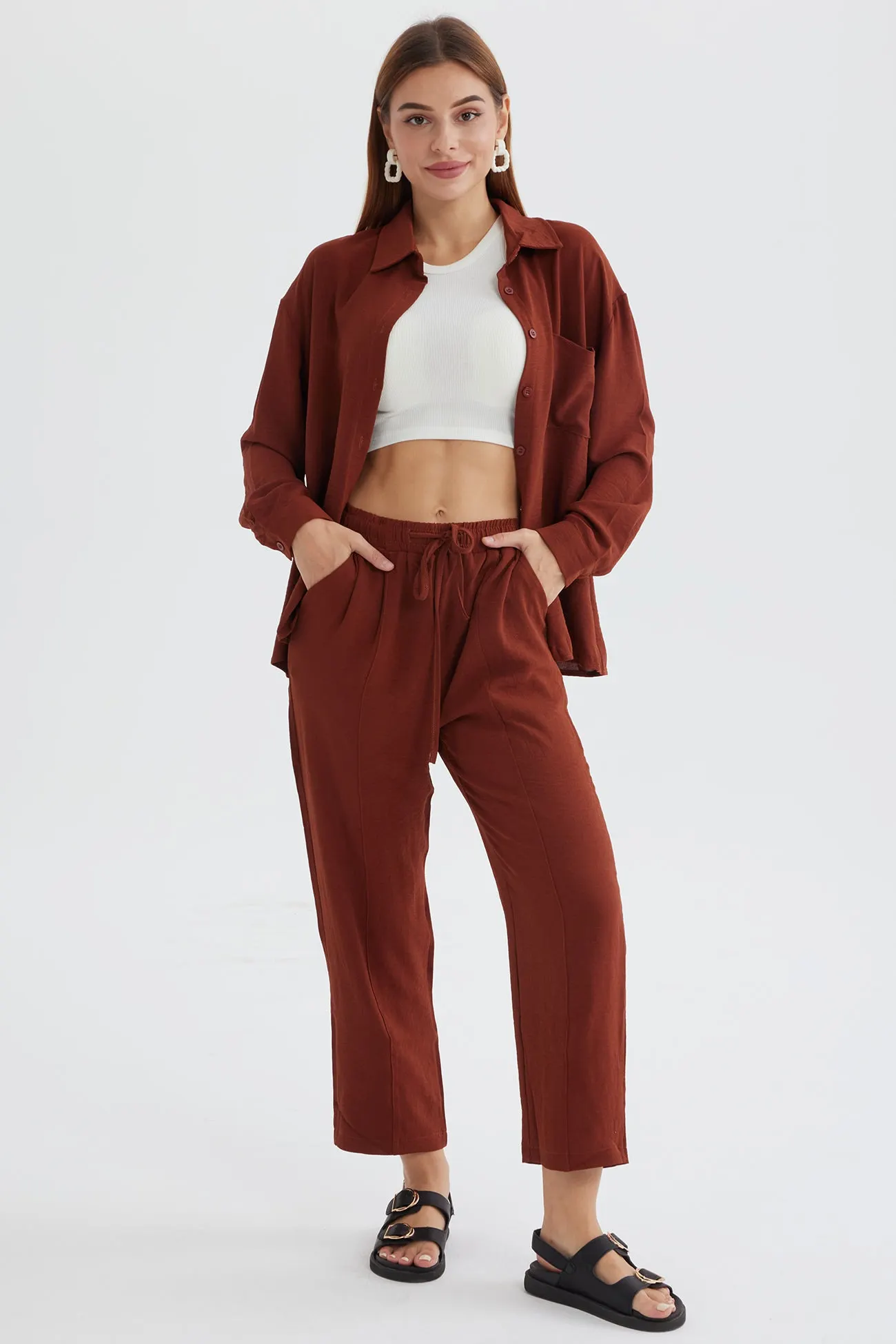 Maxct Long Sleeve Solid Color Shirt Long Pants Set - Image 21