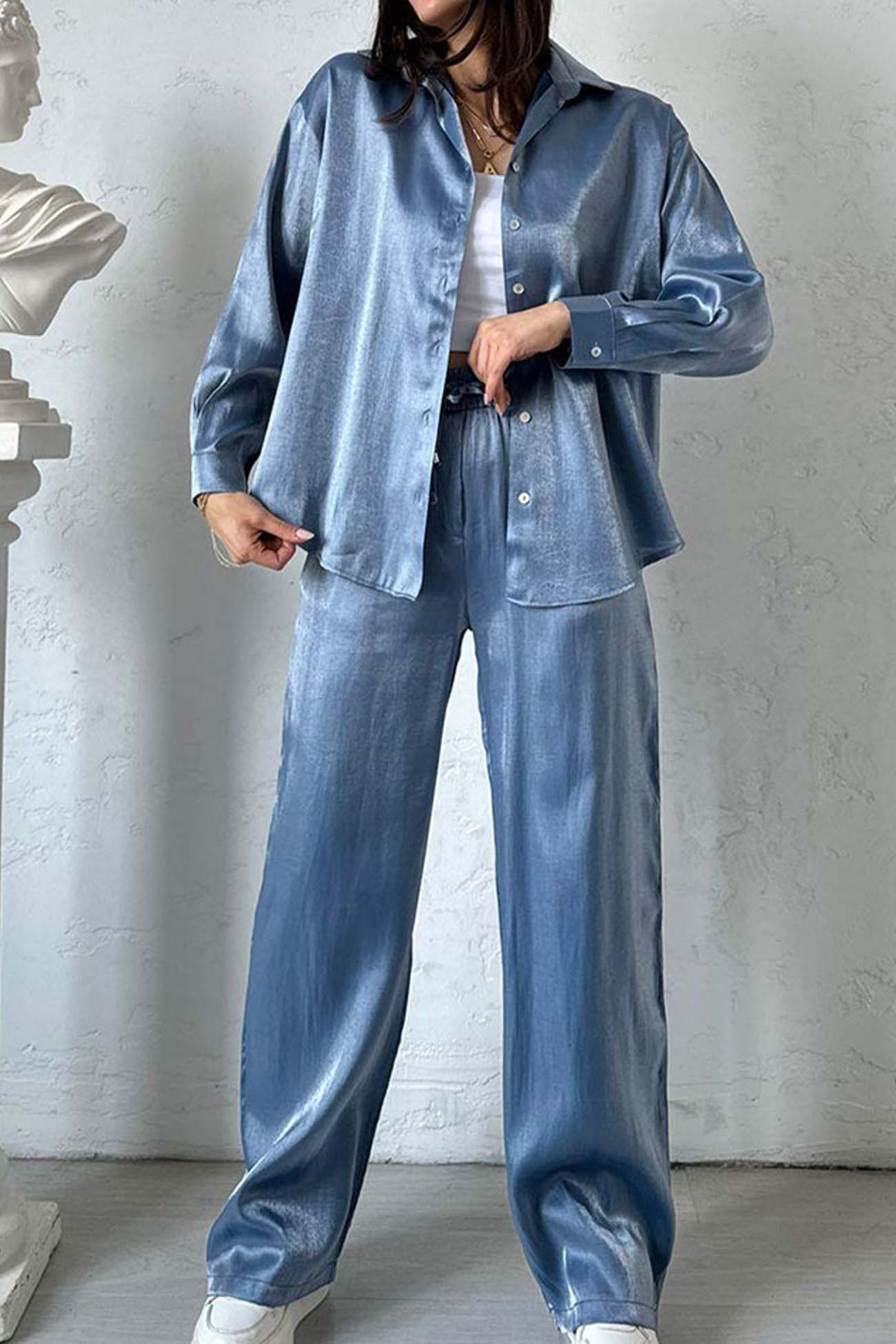 Maxct Metallic Shiny Button Down Shirt Long Pant Set
