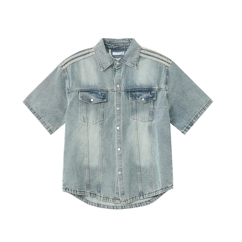 Maxct 90s Streetwear Niche Vintage Washed Padded Shoulder Short Sleeve Denim Shirt Spring And Summer New Korean Style Design Sense Shirt Coat Top - Image 5