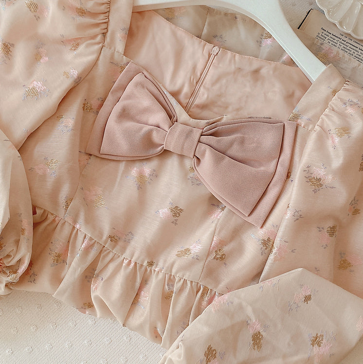 Puff Sleeve Bow Floral Jacquard Dress Maxct