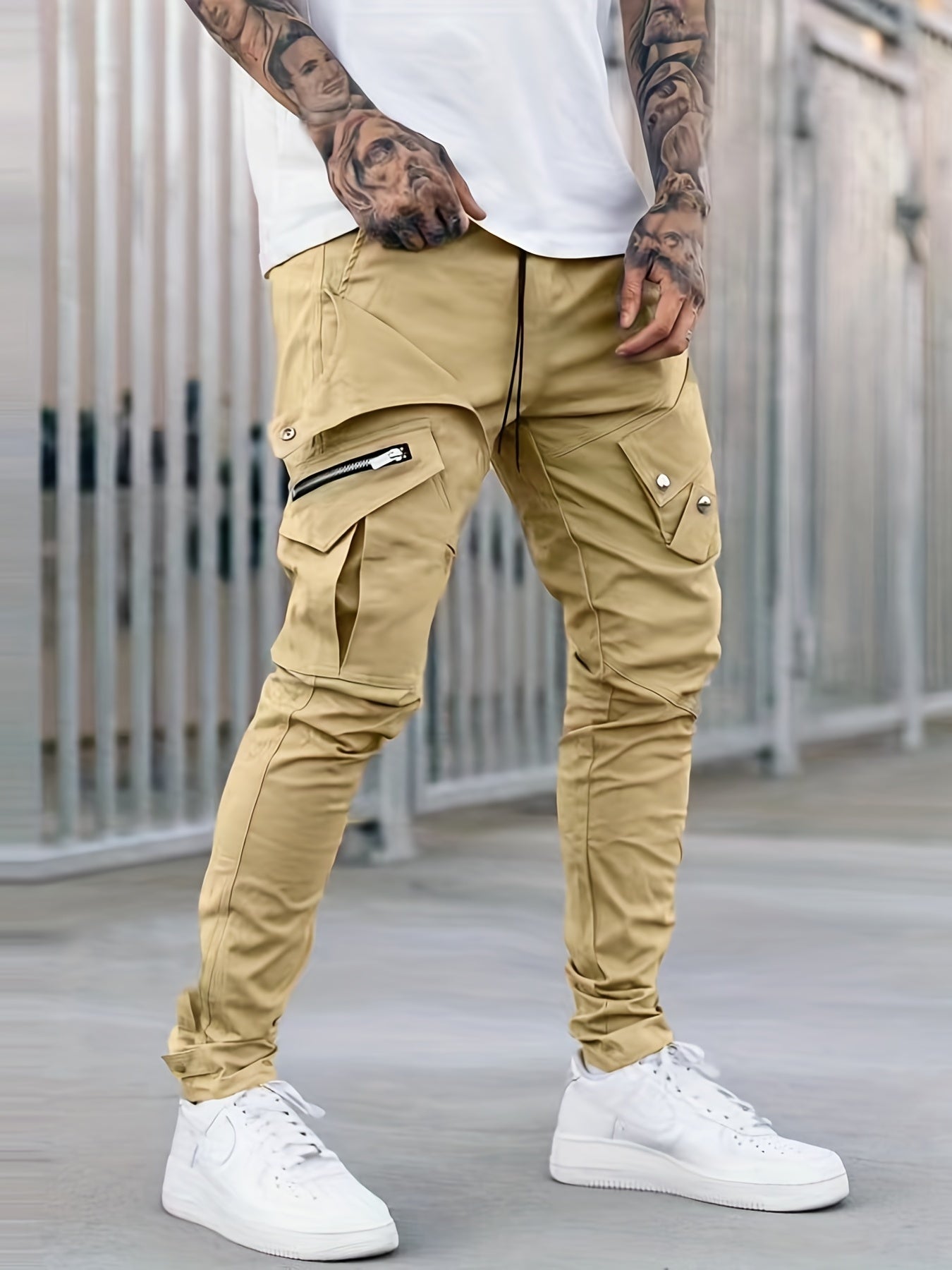 Maxct  Men's Drawstring Cargo Pants, Zip Pocket Slim Fit Trendy Outdoor Pants, Mens Work Pants, Tactical Pants