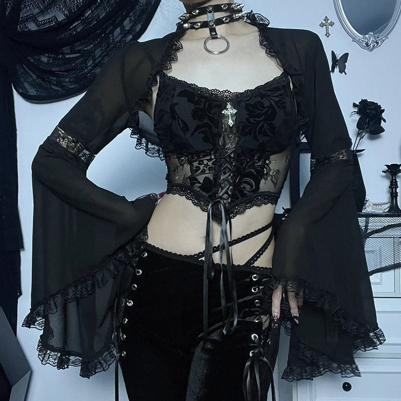 Maxct Women's Gothic Tops Dark Lace Lace Flared Sleeve Blouse Tops Street Sexy Slim Gauze Jacket