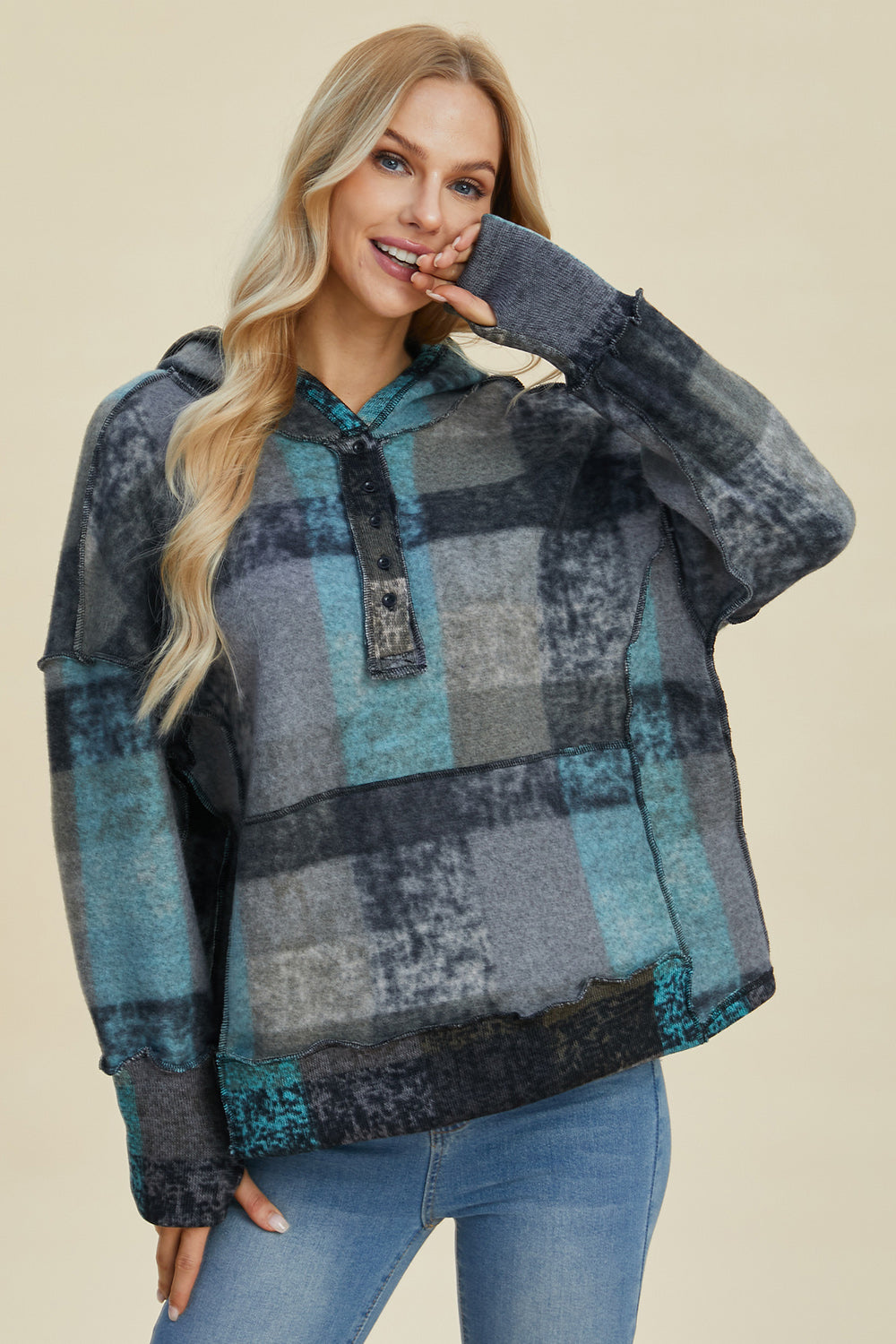 Maxct &Double Take Full Size Plaid Dropped Shoulder Fleece Hoodie