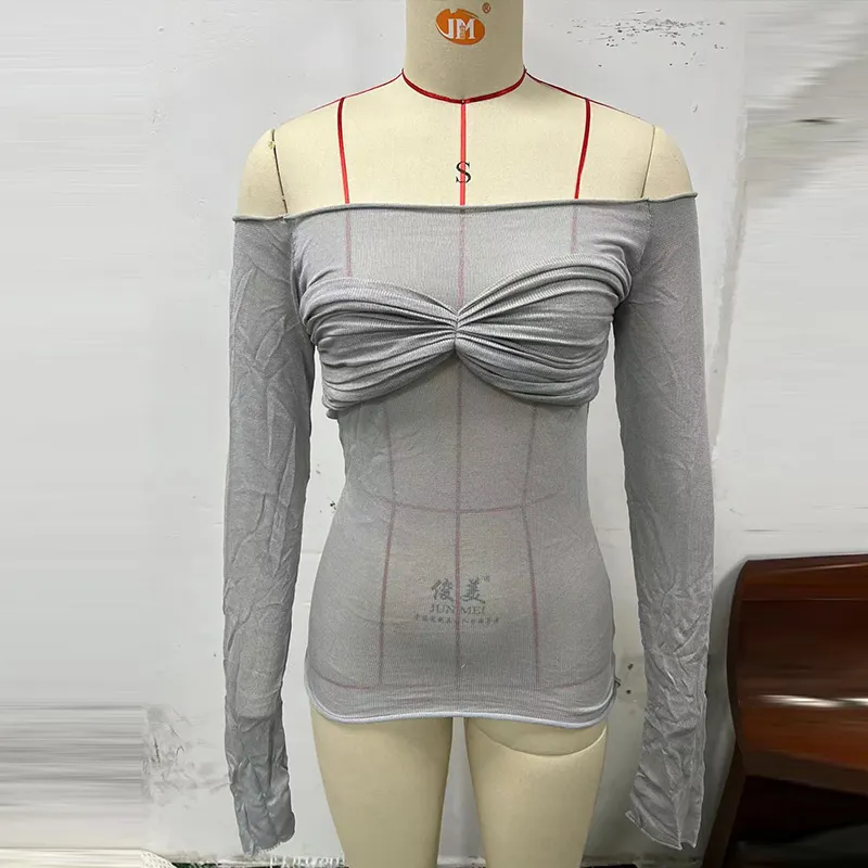 Maxct Sexy Transparent Off Shoulder Shirts Women Slim Fit Solid Perspective Thin T-Shirt Female Autumn Chic Elegant Daily Tops