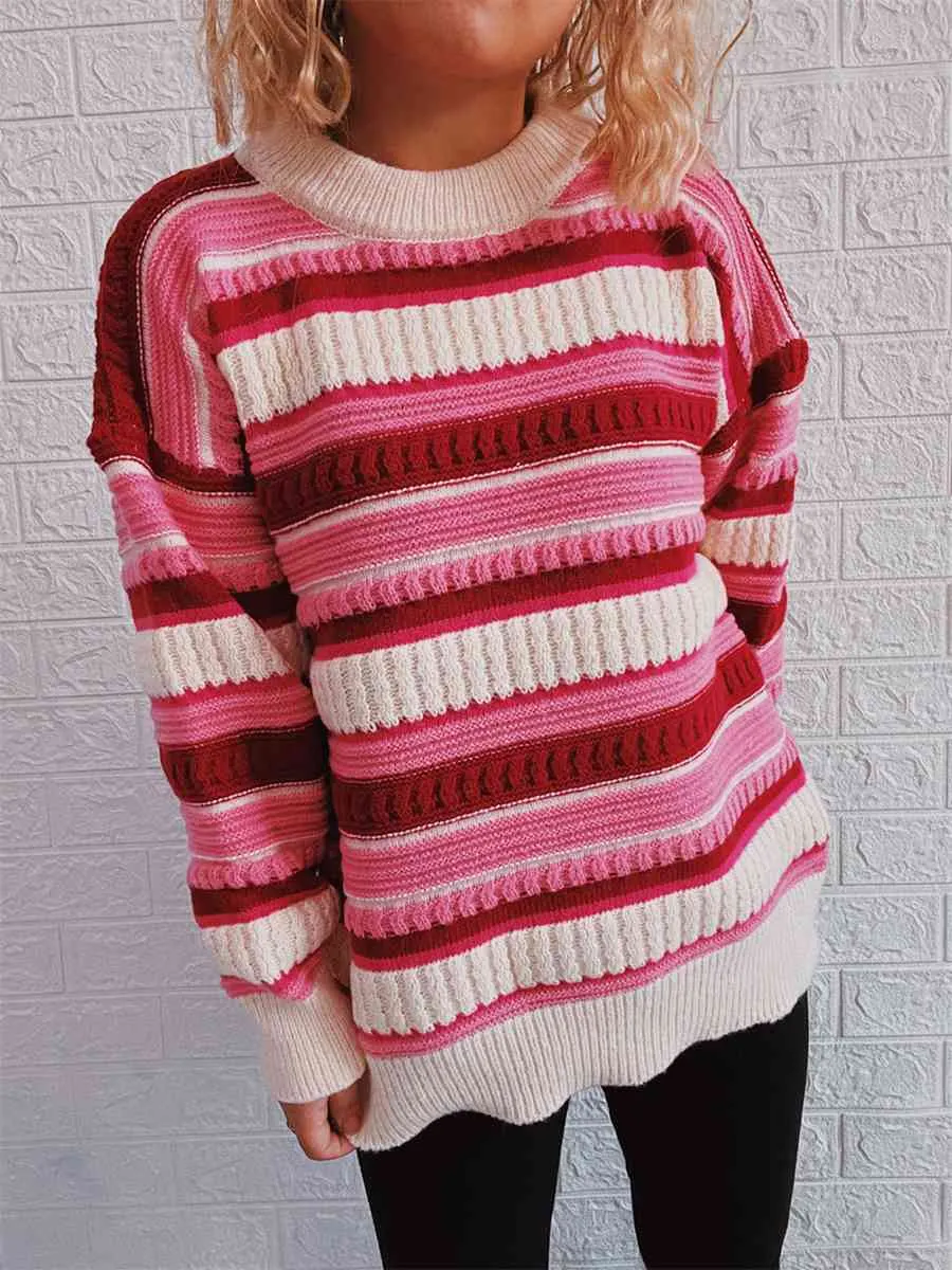 Maxct &Striped Drop Shoulder Round Neck Sweater