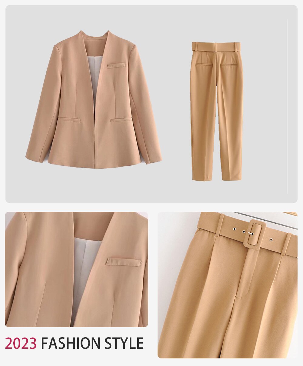 2024 Women Fashion Two Pieces Sets Office Wear Blazers Coat And With Belt High Waist Pants Female