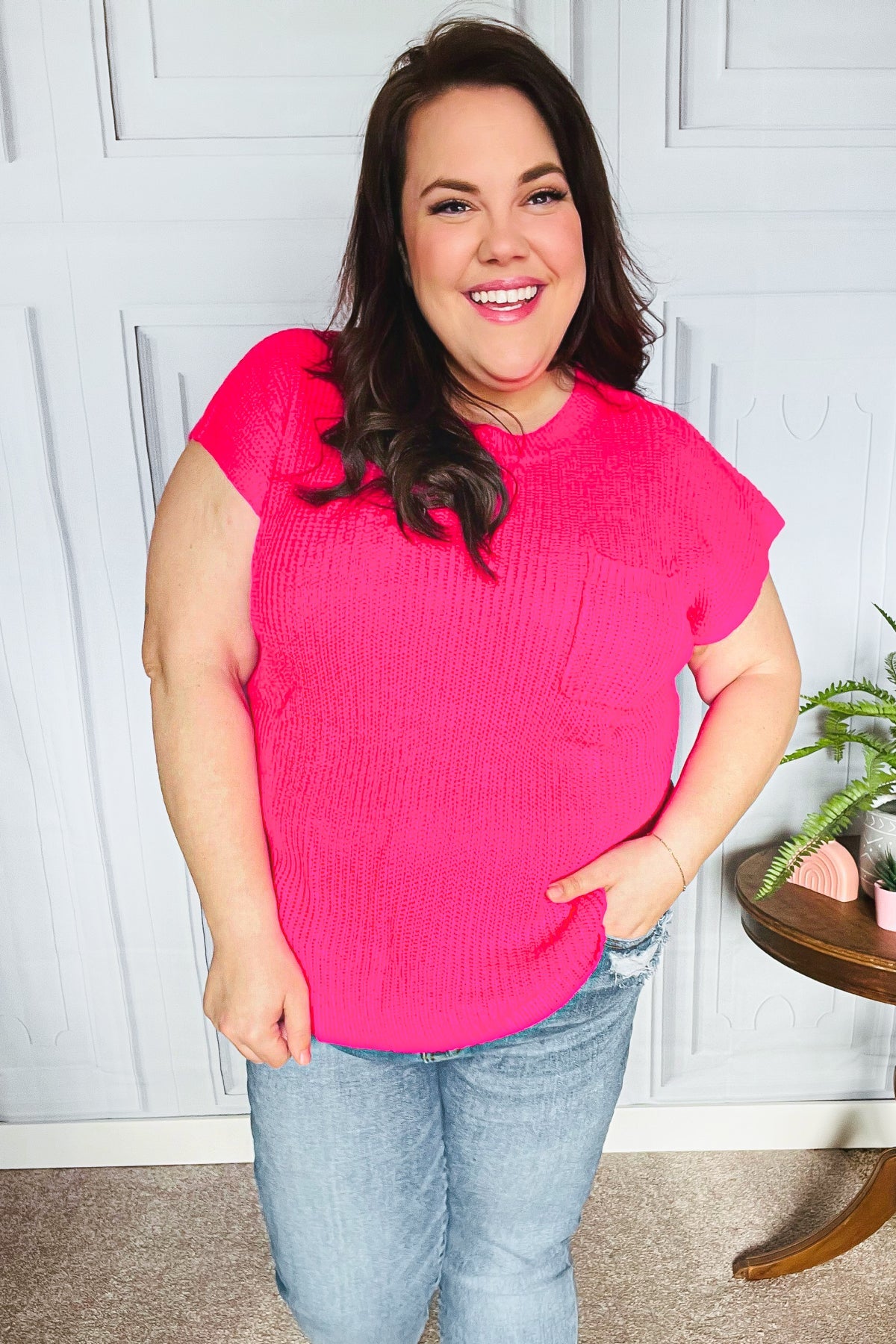 Maxct &Best In Bold Hot Pink Dolman Ribbed Knit Sweater Top