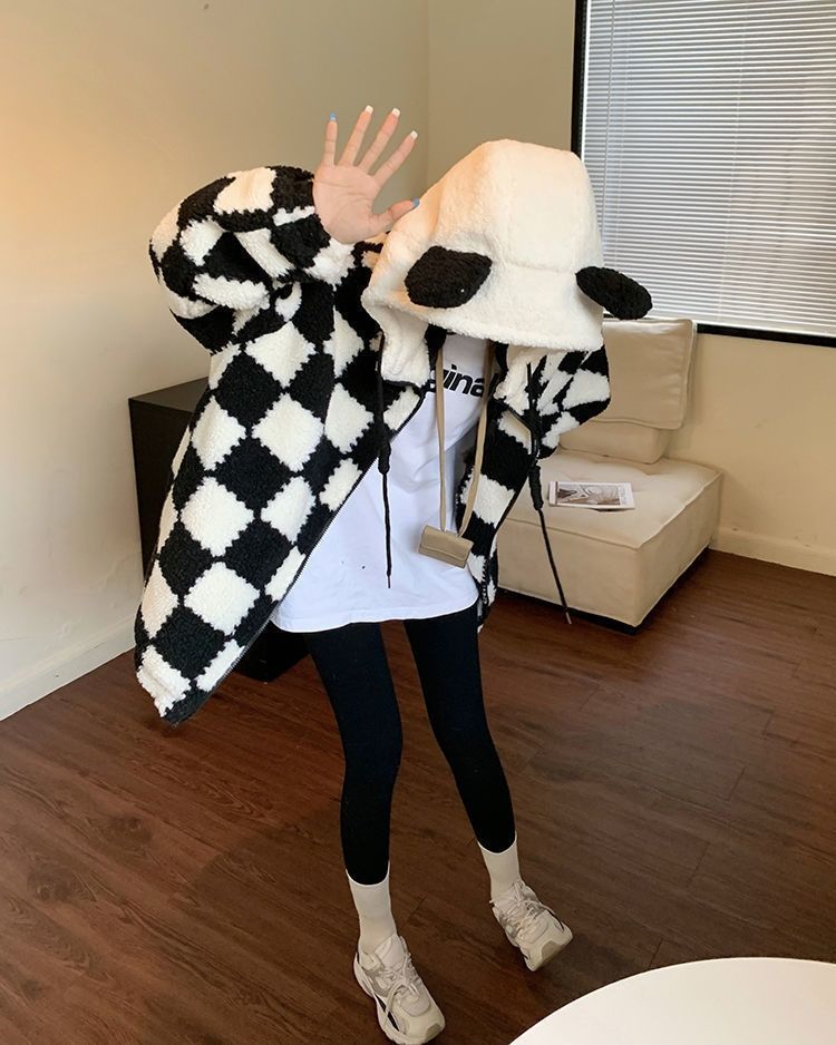 Checkered Cozy Bear Ears Zip-Up Hoodie for Women - true deals club