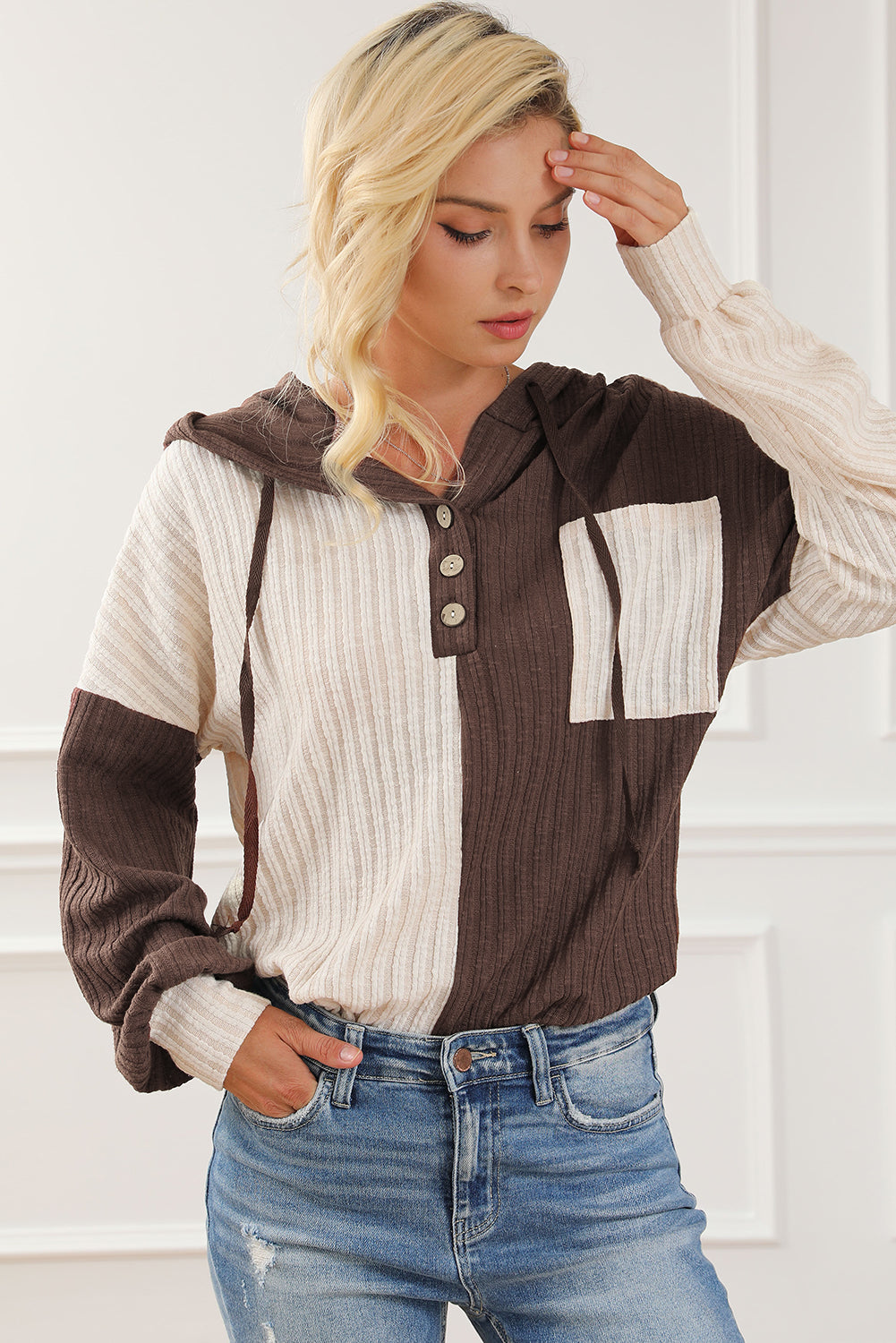 Maxct &Color Block Quarter Button Long Sleeve Hoodie