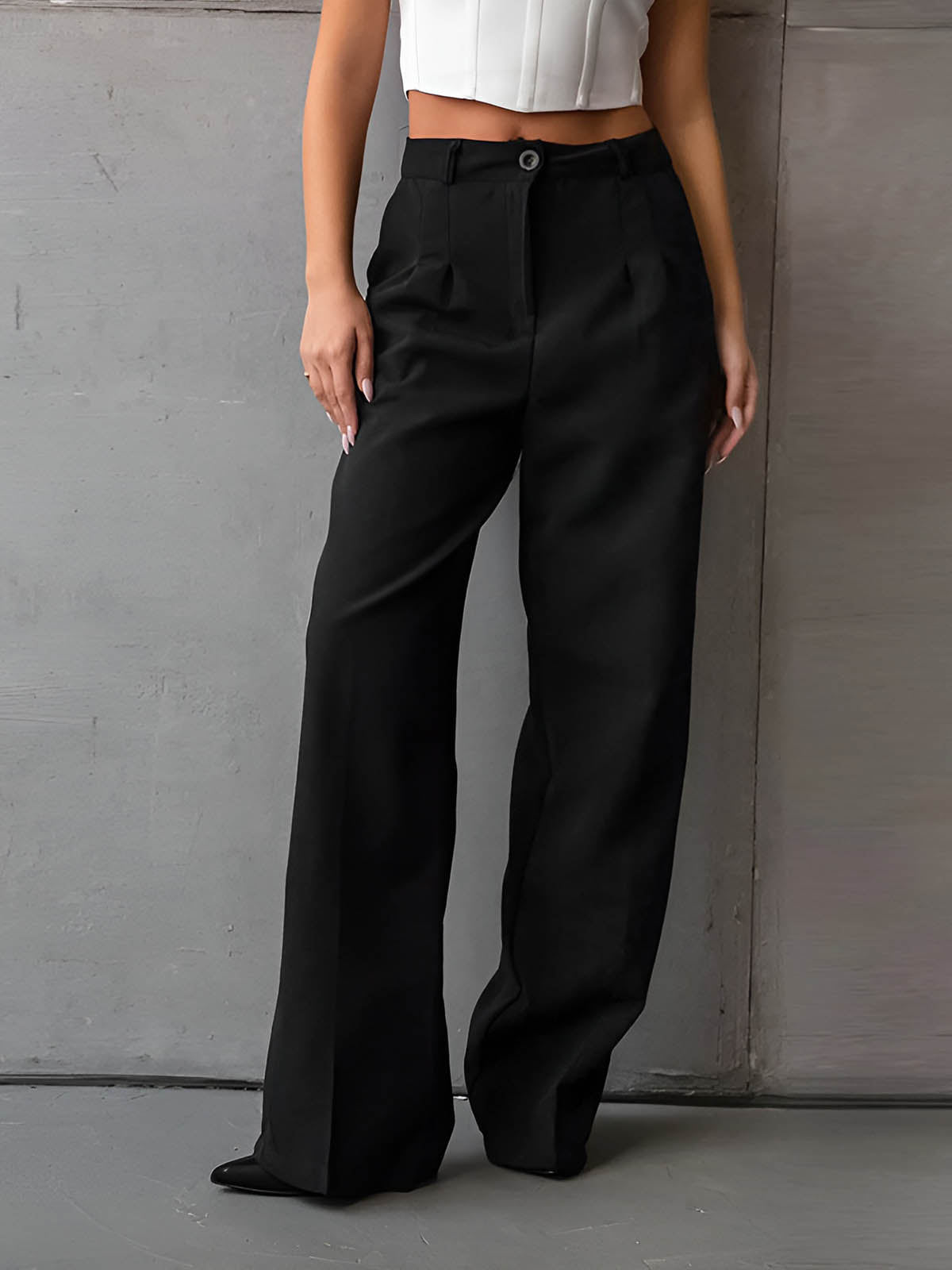 Maxct Solid Slant Pockets Flare Leg Long Pants