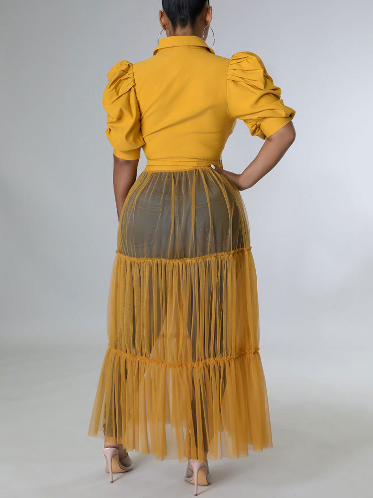 Long Sleeve Mesh Shirt Dress with Belt Maxct