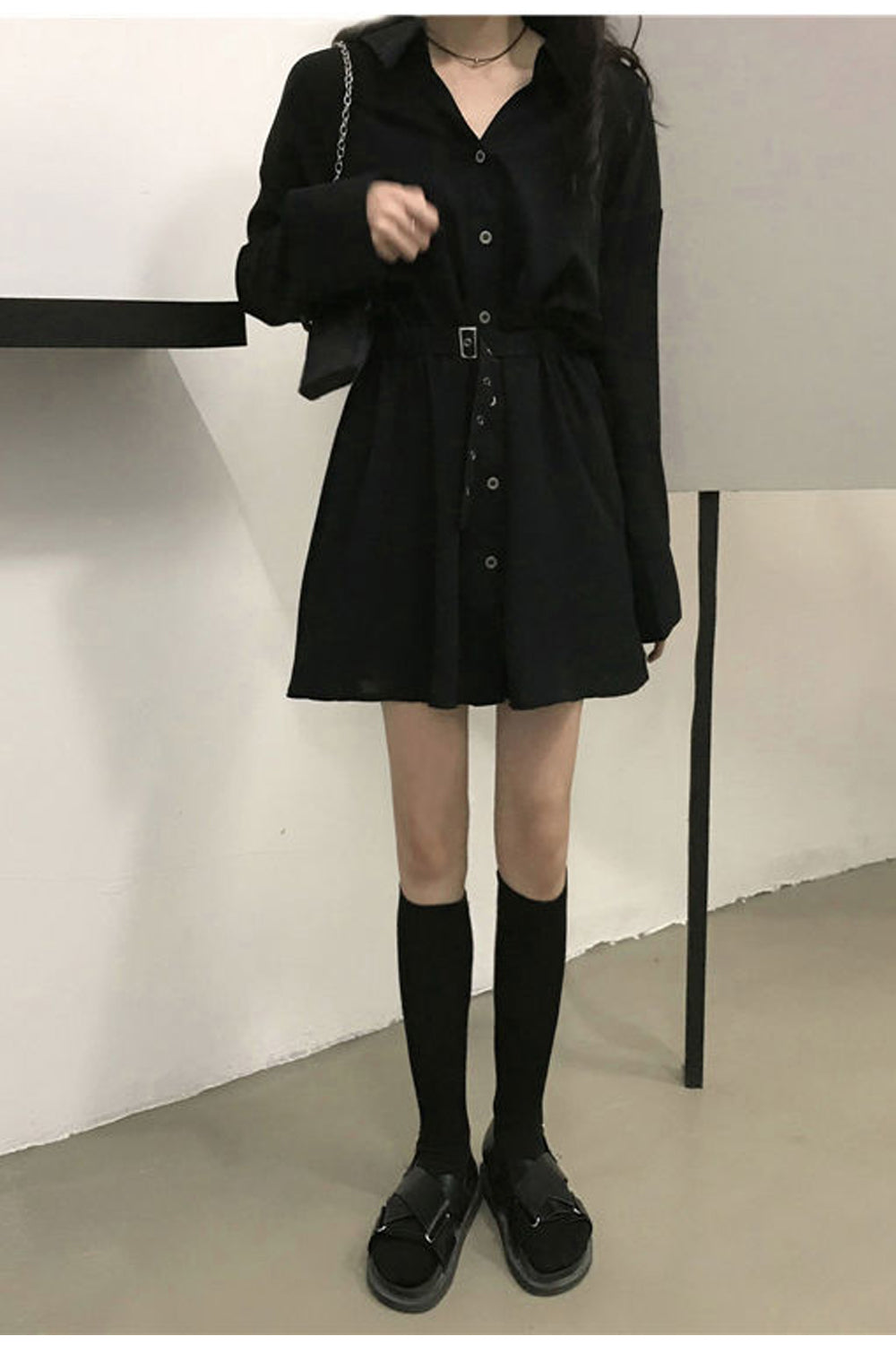 Long Sleeve Turn Down Collar Button Black Dress Maxct