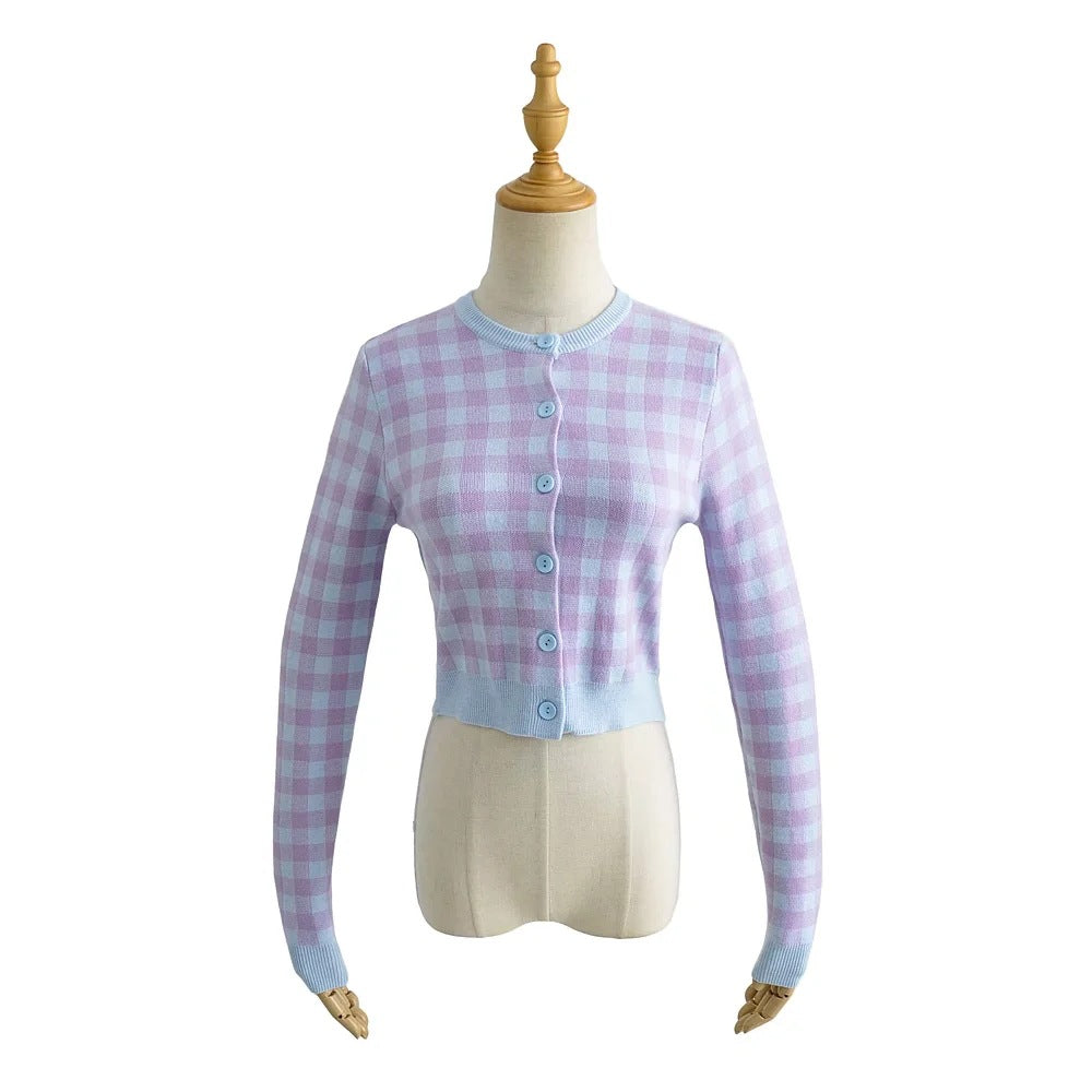 Maxct Checkered Button Front Knit Crop Cardigan