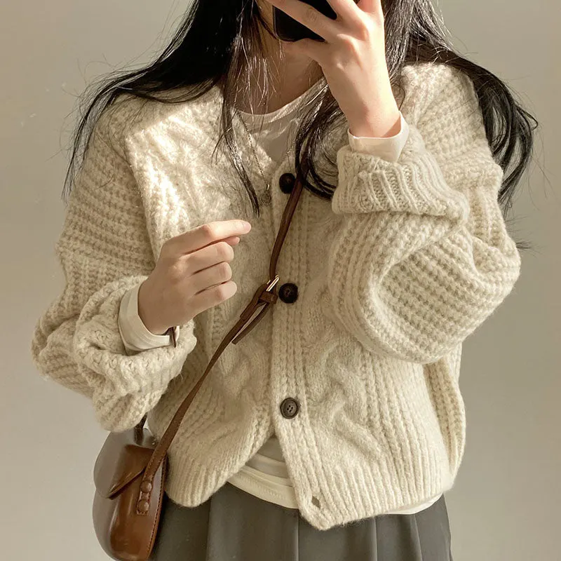 Maxct Solid V Neck Puff Sleeve Cable Knit Cardigan