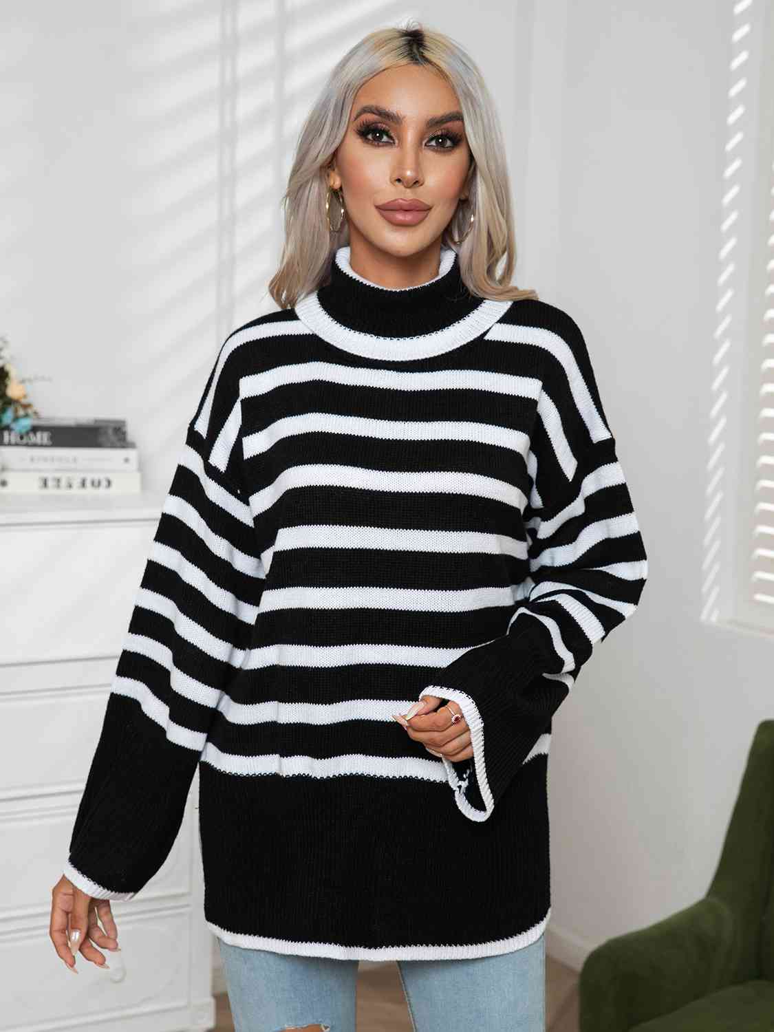Maxct &Striped Slit Turtleneck Drop Shoulder Sweater