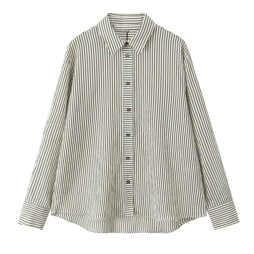 Maxct Autumn New Product Women's Fashion Temperament Striped Long Sleeve Flip Collar Simple Casual Shirt
