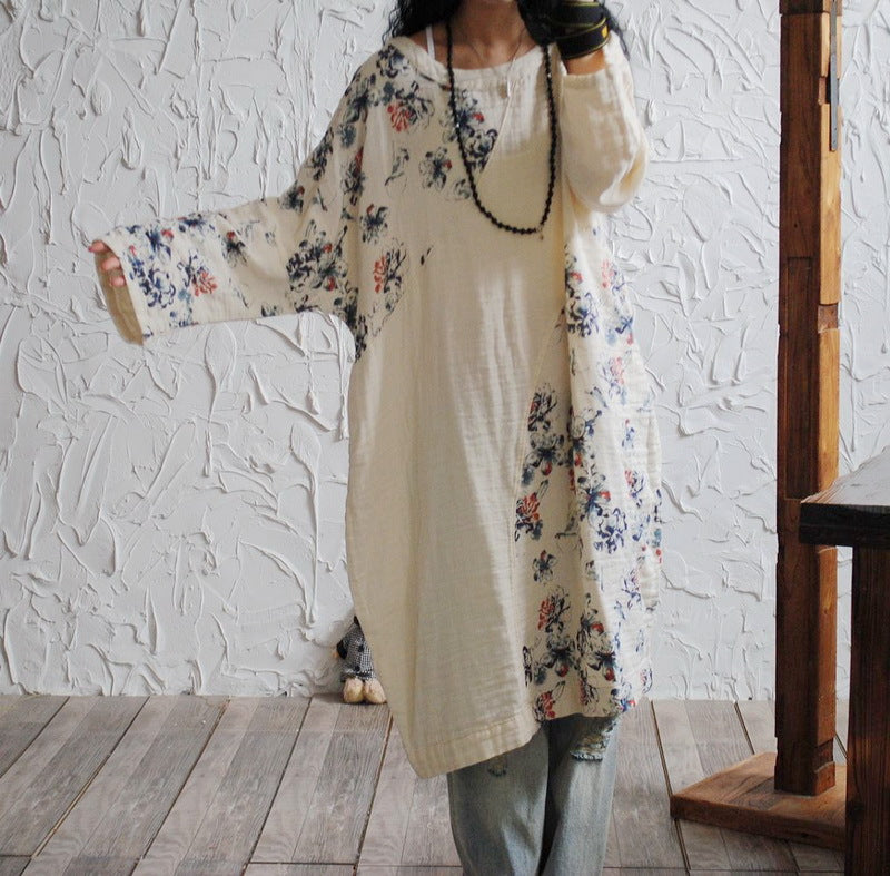 Spring Loose Soft Vintage Ethnic Style Printed Cotton Linen Dresses