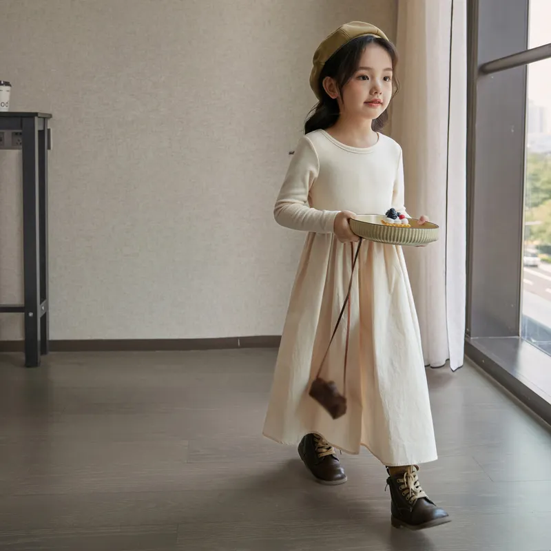 Maxct Autumn Kids Girls Beige Grey Simple Casual Patchwork Princess Elegant Long Sleeve Dresses Korean Style
