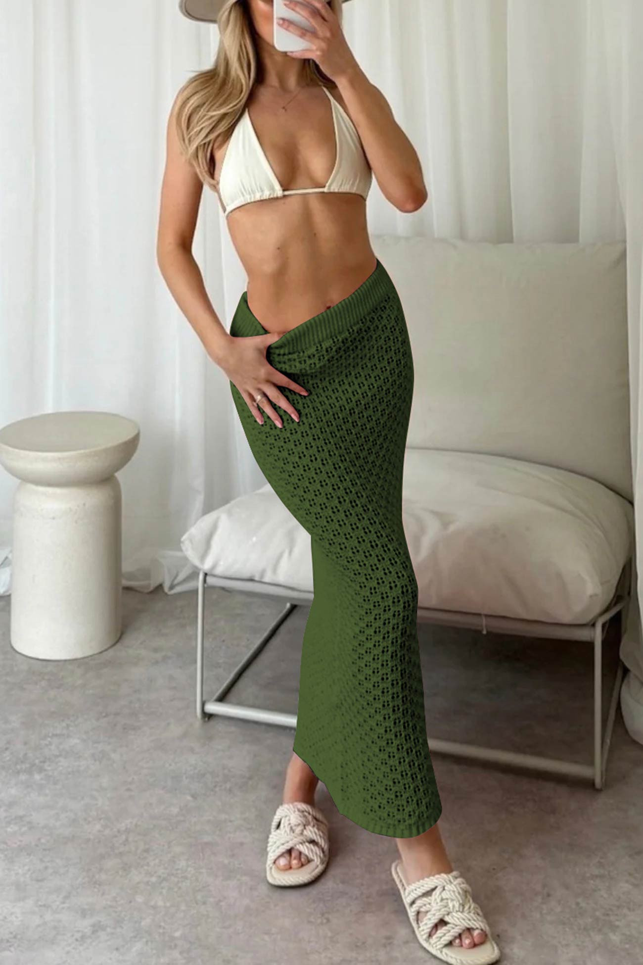 Maxct Hollow Out Crochet Blouses Midi Skirt Suits