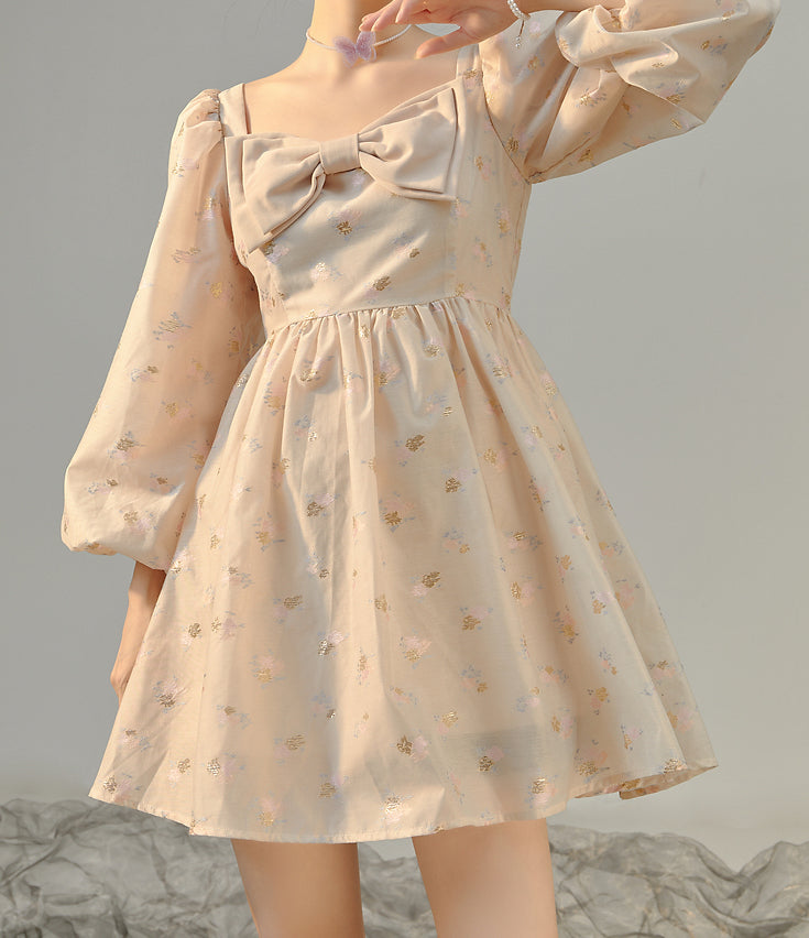Puff Sleeve Bow Floral Jacquard Dress Maxct