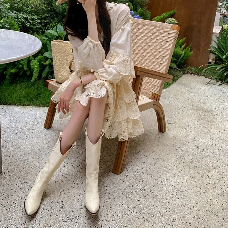 Womens Western Boots Mid Calf Cowboy Boots- Black/Beige/Brown Cowgirl Boots Maxct
