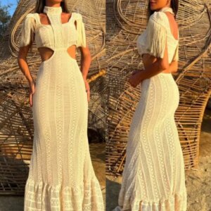 Maxct White Lace Women Dress Turtleneck Tassel Sleeve Slim Naked Waist Hollow Out Long Dress Summer Beach Female Knit Robe