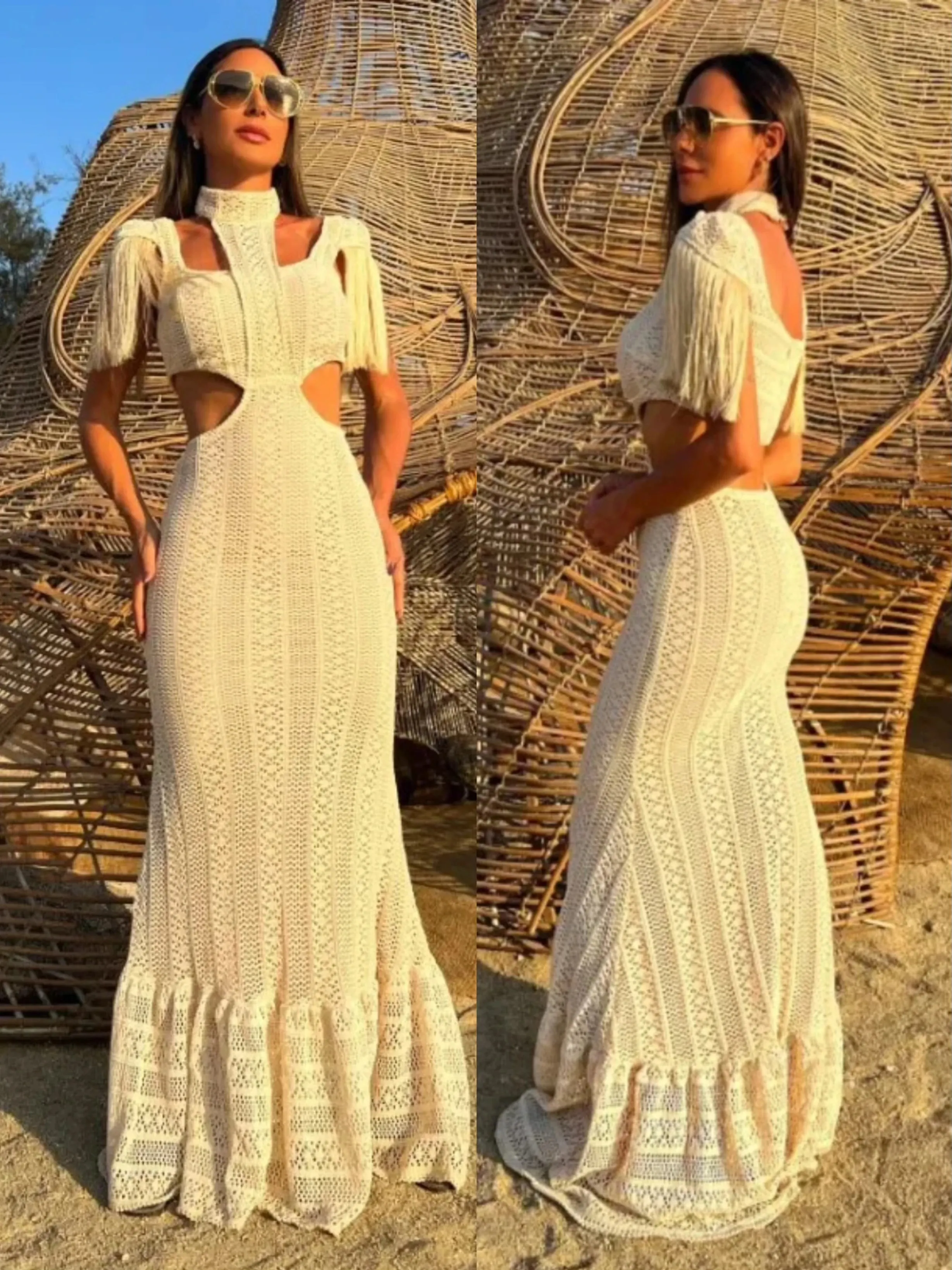 Maxct White Lace Women Dress Turtleneck Tassel Sleeve Slim Naked Waist Hollow Out Long Dress Summer Beach Female Knit Robe
