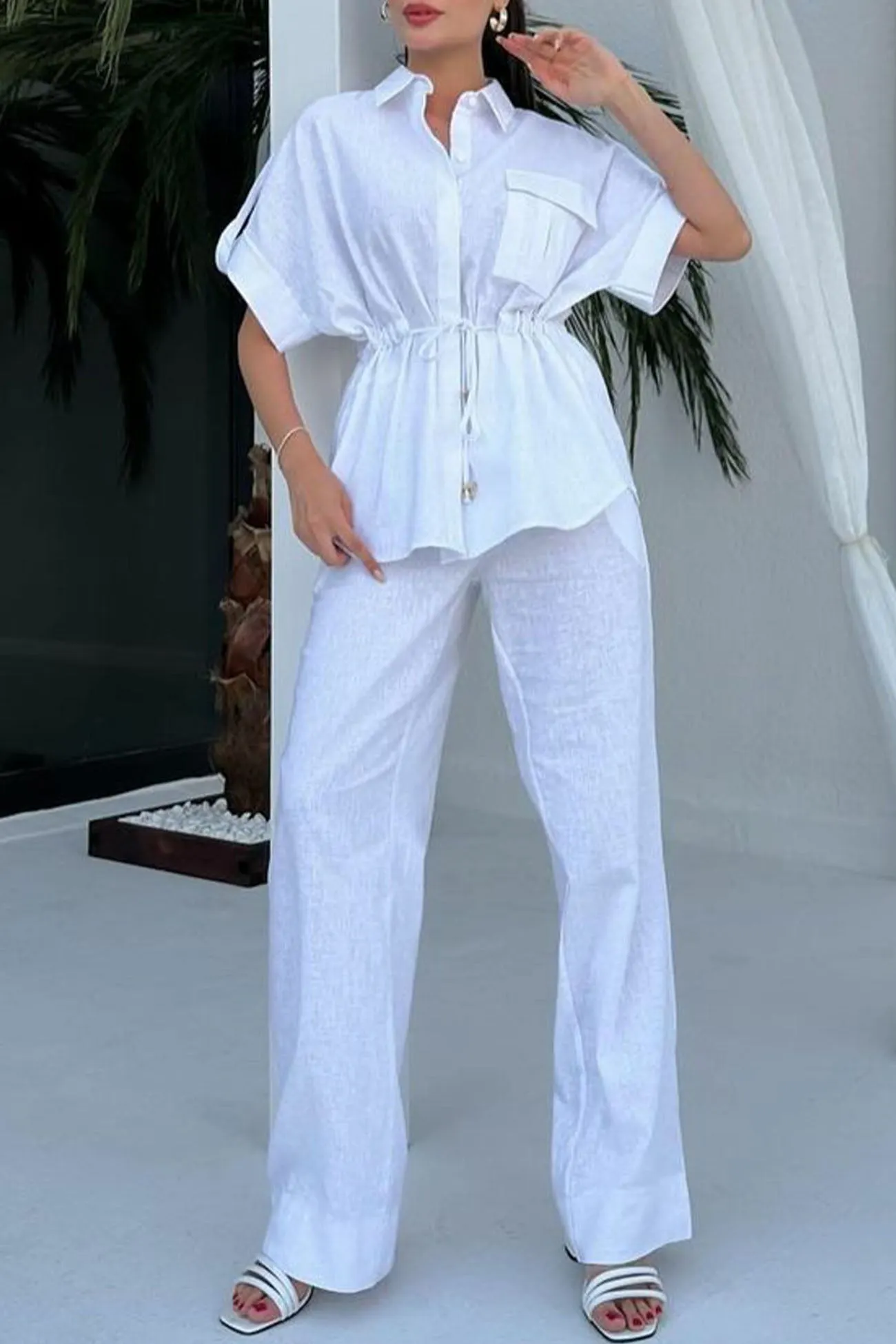 Maxct Half Sleeve Drawstring Shirt Long Pants Two-Piece Set