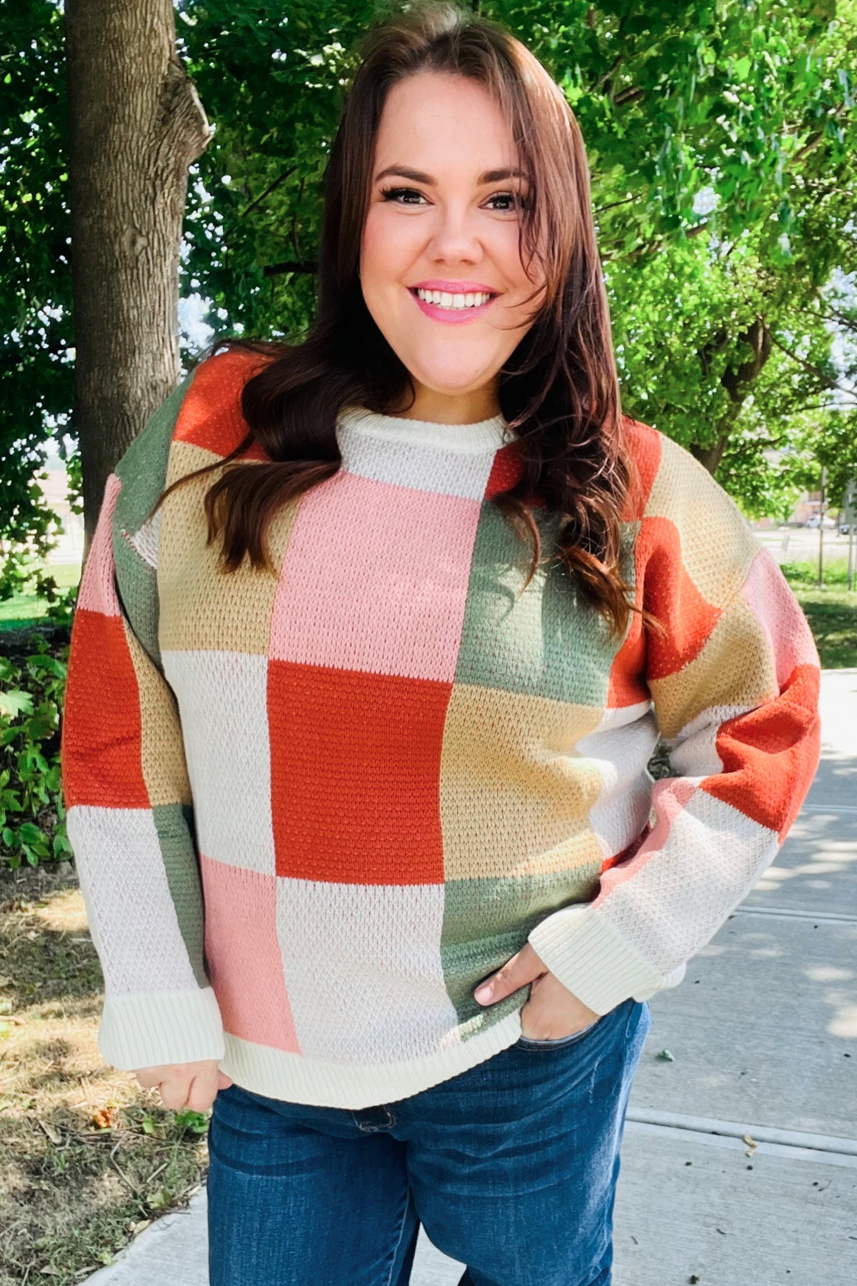 Maxct &Be Bold Ivory & Rust Checker Jacquard Knit Sweater