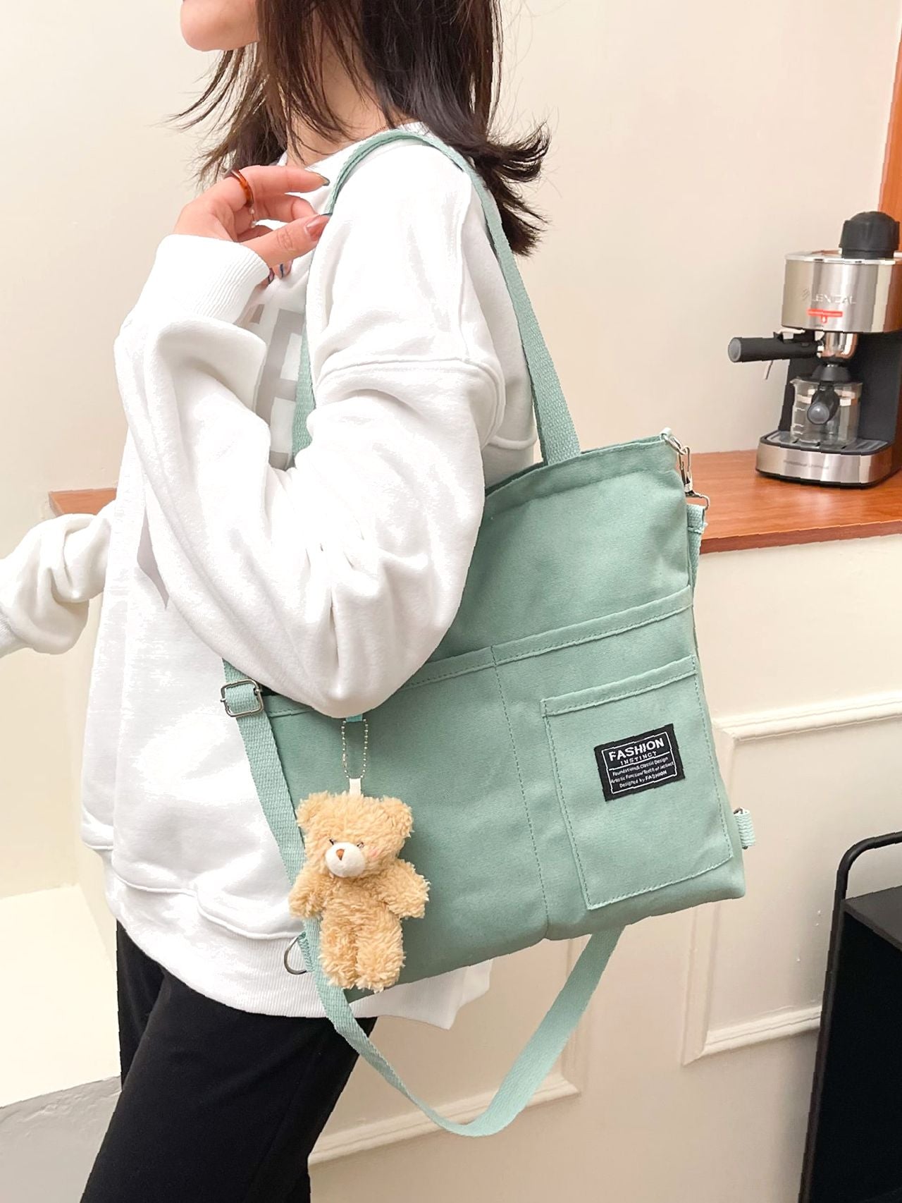Maxct - Letter Graphic Shopper Bag with Bag Charm  - Women Tote Bags