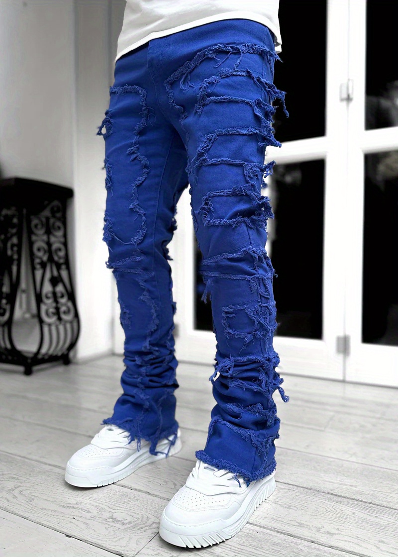 Creative Tassels Decoration Straight Fit Jeans, Men's Casual Medium Stretch Street Style Denim Pants For All Seasons