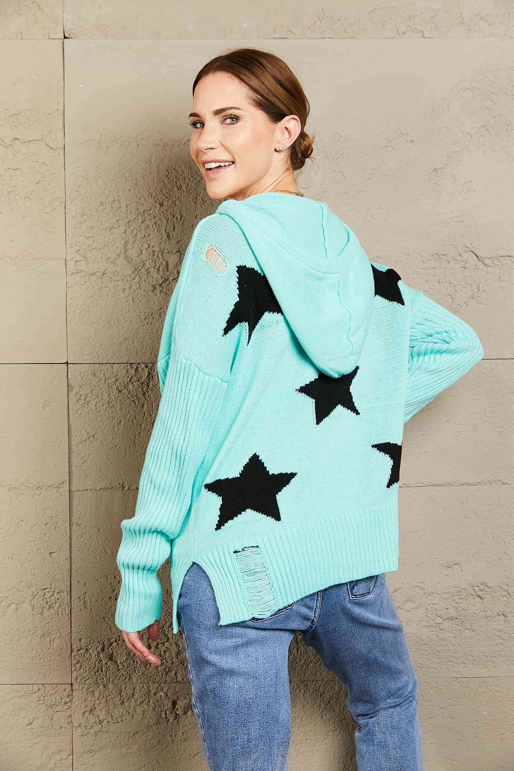 Maxct &Woven Right Star Distressed Slit Hooded Sweater