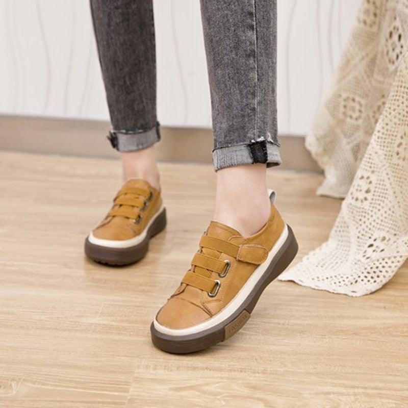 Hook & Loop Leather Sneakers for Women Maxct