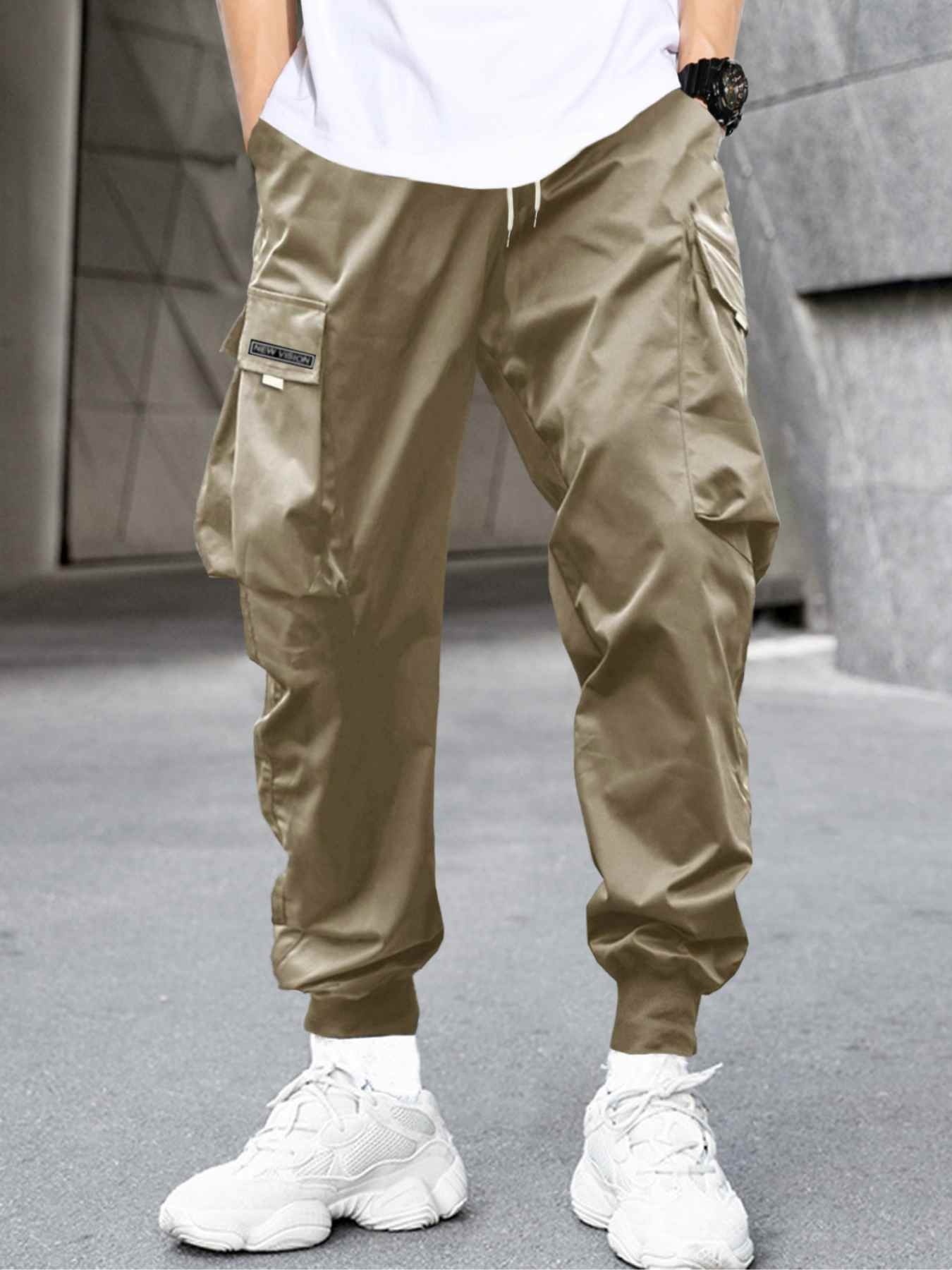 Men's Stylish Letter Graphic Cargo Pants with Flap Pockets - Drawstring Waist for Comfort
