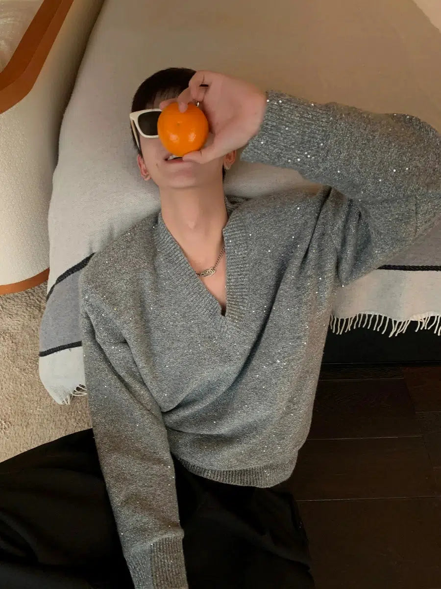 Maxct Gray V-neck Sequined Sweater