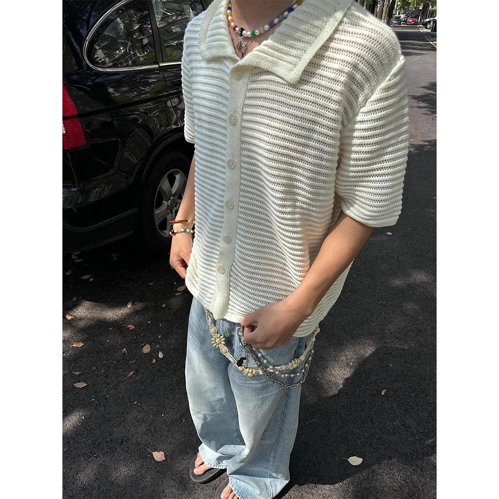 Maxct 90s Streetwear Niche Retro Hollow Shirt Boys Summer New Knitted Shirt Short-sleeved Old Money Style Wear Lapel Half-sleeved Top