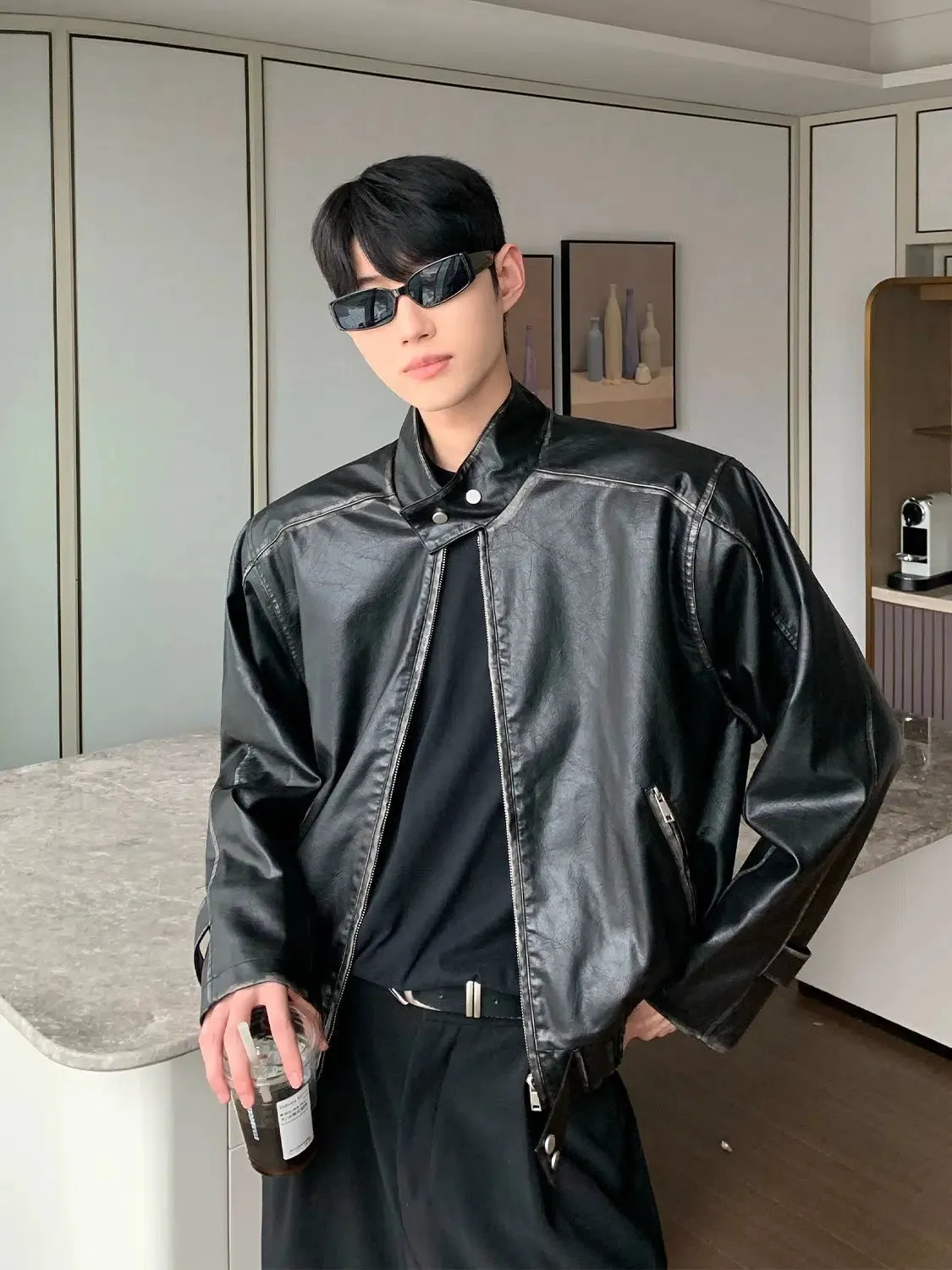 Maxct Stand Collar Cotton PU Leather Bomber Jacket