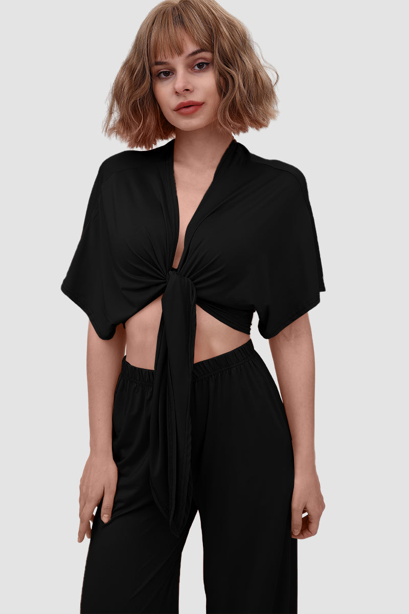 Maxct Deep V-neck Top & Elastic Wide Leg Pants
